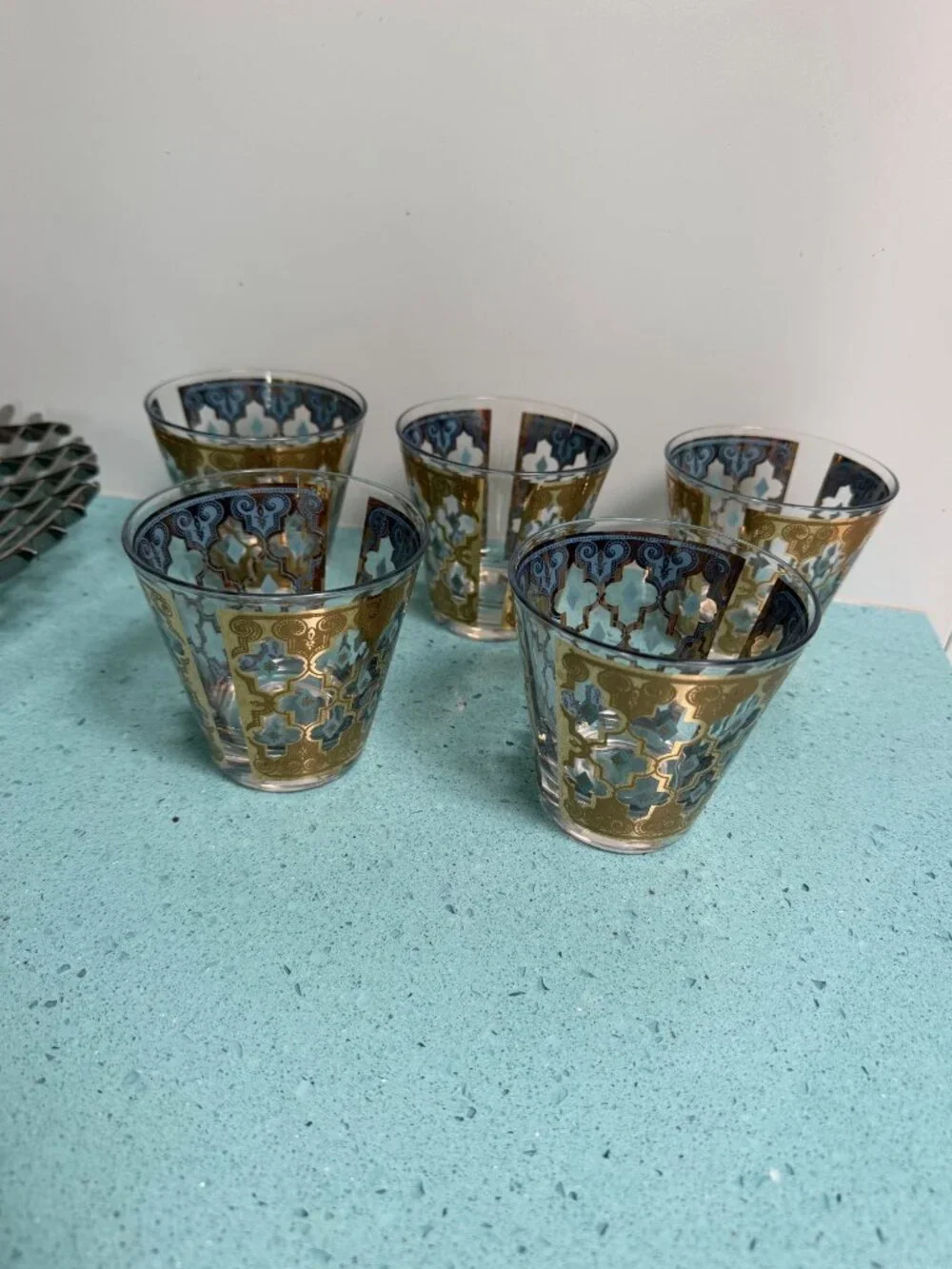 Culver Set of 5 MCM Seville 22K Gold Lattice Cocktail Glass Blue Vintage Rare
